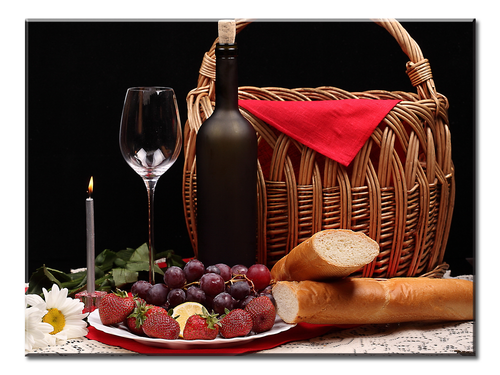 Wine Glass Fruit Flowers Bread And Basket -  1 panel
