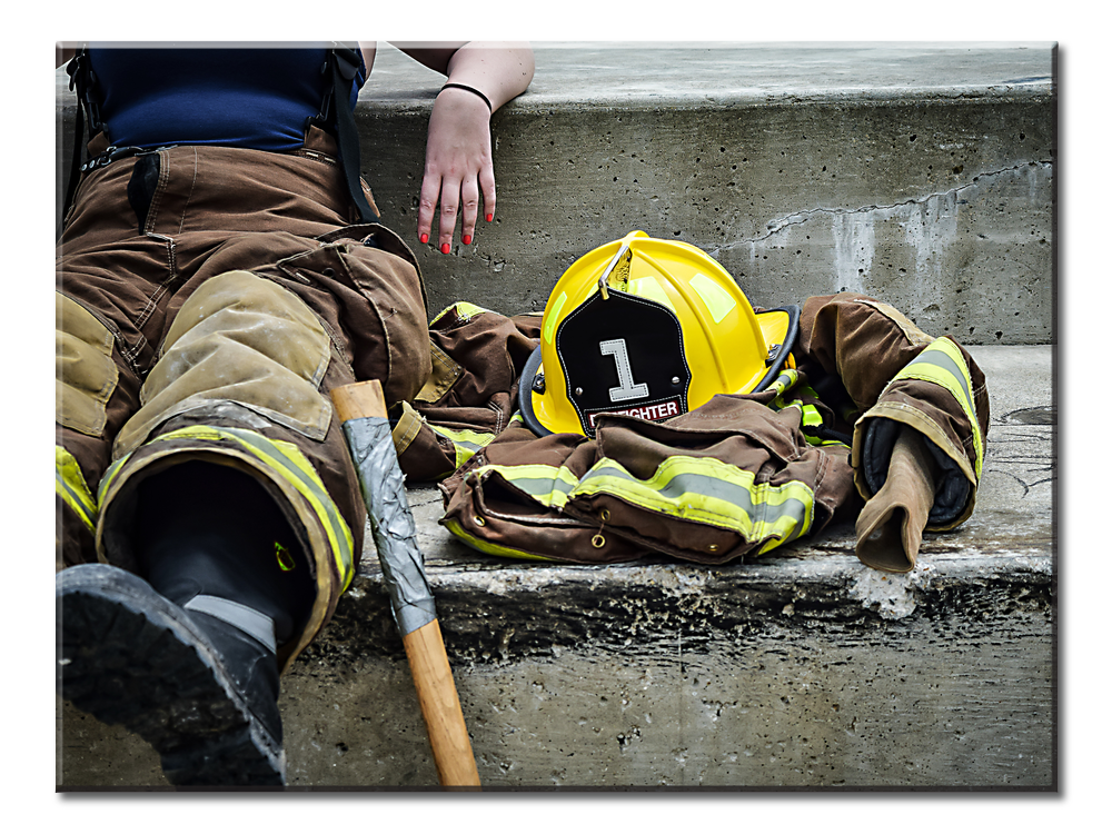 Yellow Hard Hat on Brown and Yellow Fireman's Suit - 1 panel L