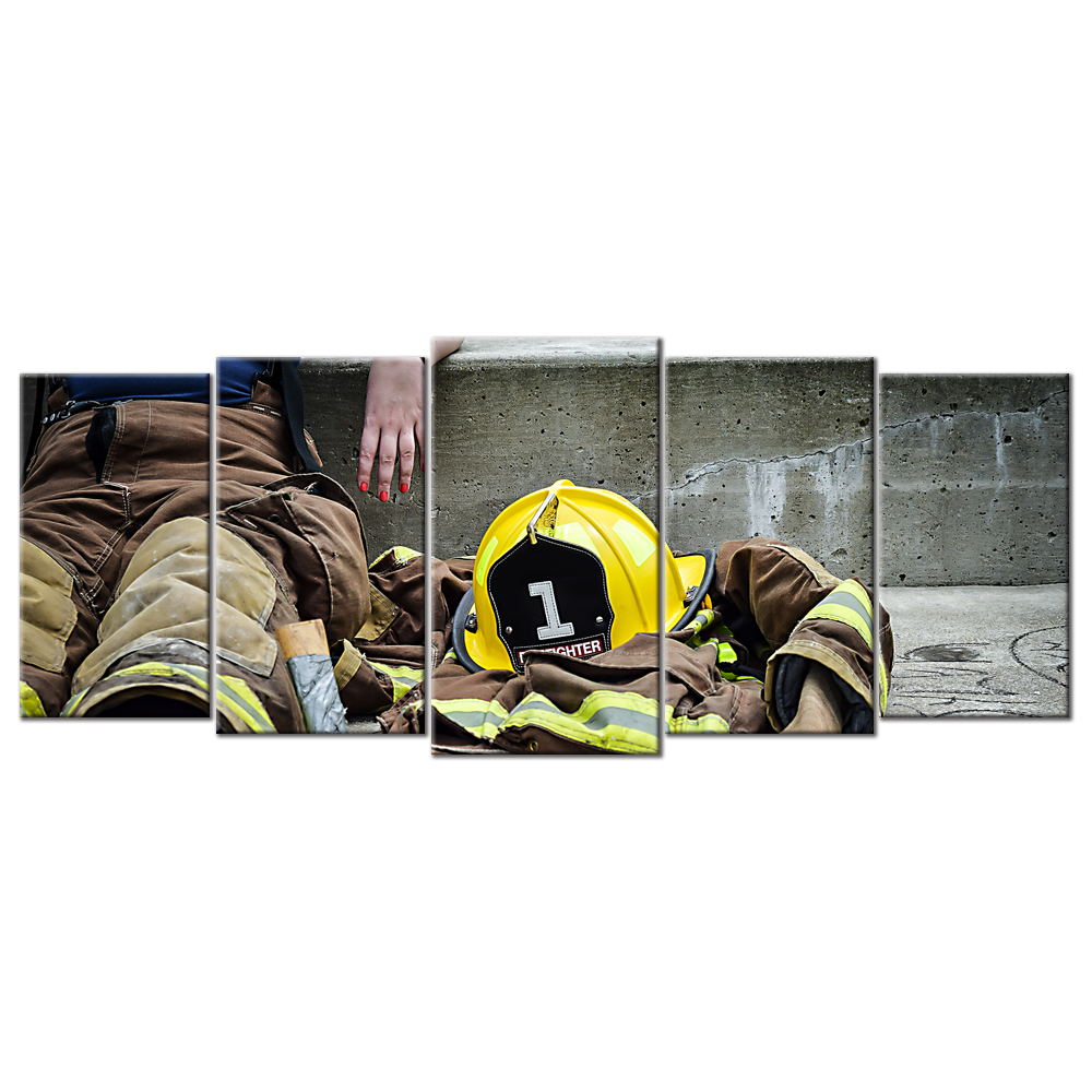 Yellow Hard Hat on Brown and Yellow Fireman's Suit - 5 Panels XL