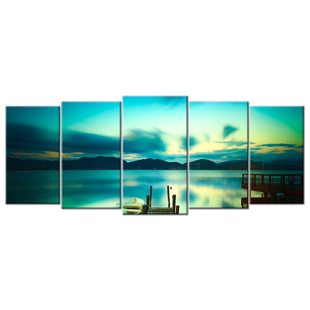 Wooden Pier With Boat Calm Lake - 5 panels