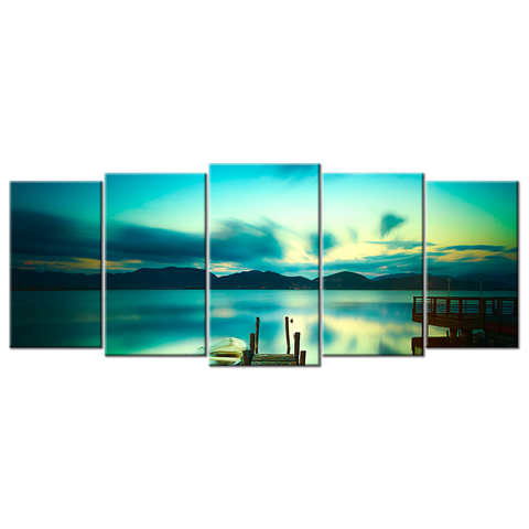 Wooden Pier With Boat Calm Lake - 5 panels